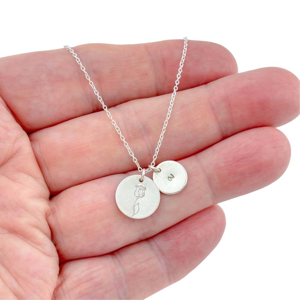 Vintage Sterling Silver 925 Rose and Initial A Double Disc Necklace 16-18 inches
